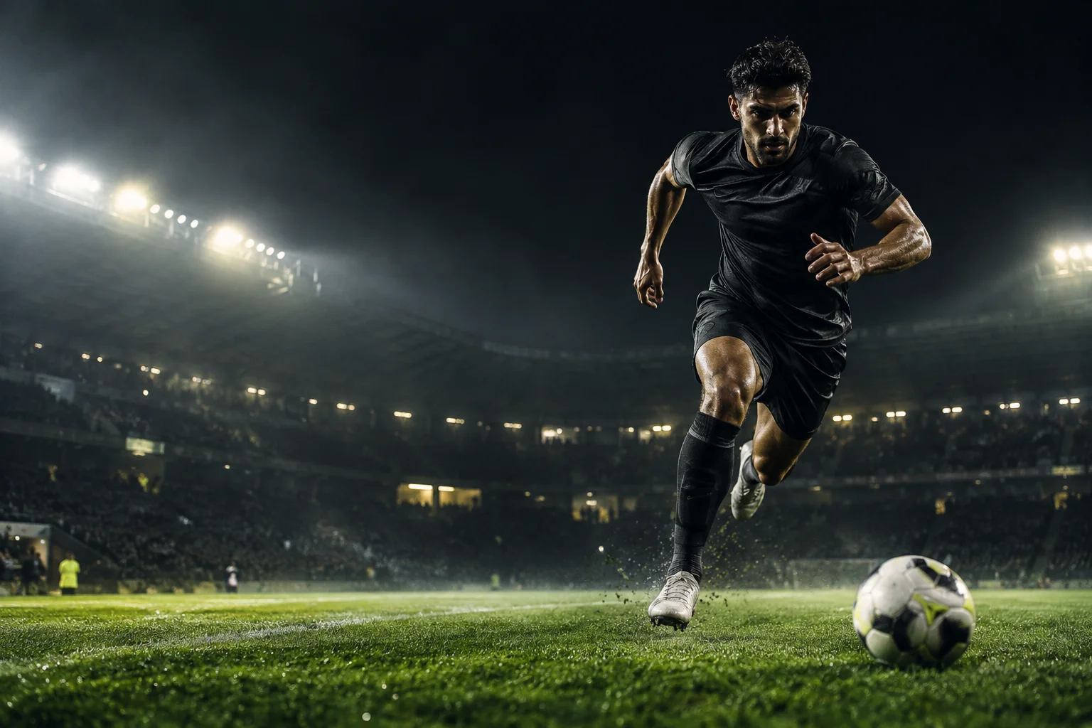 Jogador de futebol em movimento em um estádio à noite